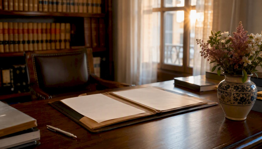 Notary desk with deed folder and pen