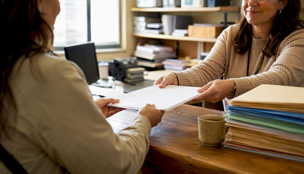 Hands exchanging NIE application documents