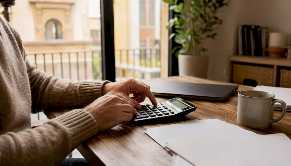 Hands using calculator on tax documents
