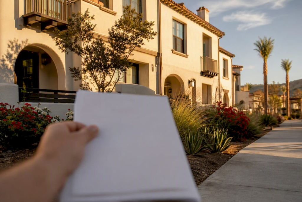 Hand with documents outside new Spanish homes