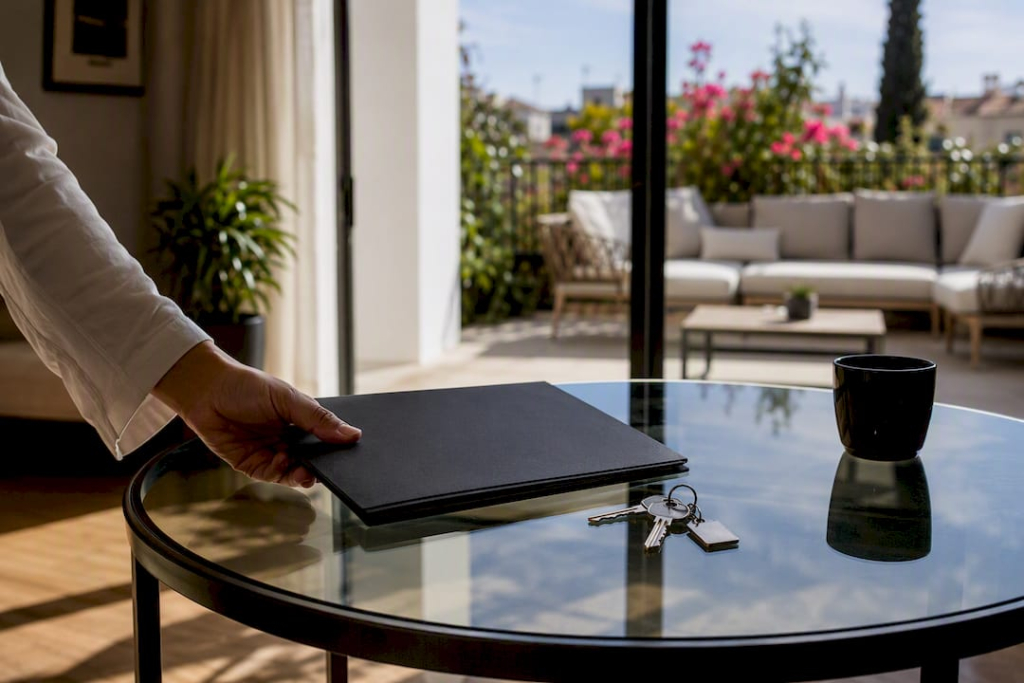 Hand placing contract folder and keys on table