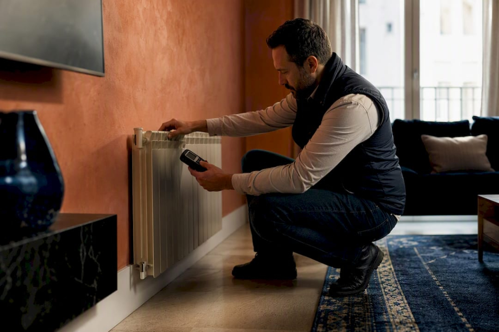 Energy assessor inspecting apartment radiator