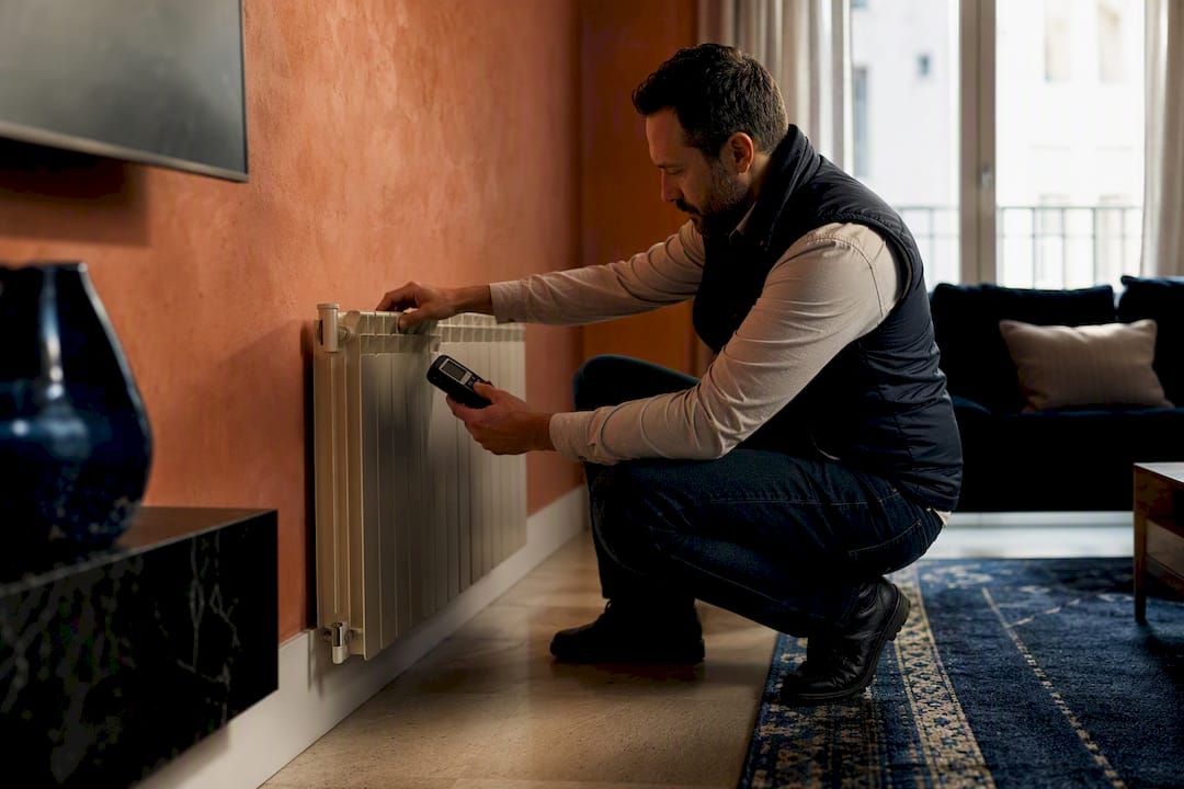 Energy assessor inspecting apartment radiator