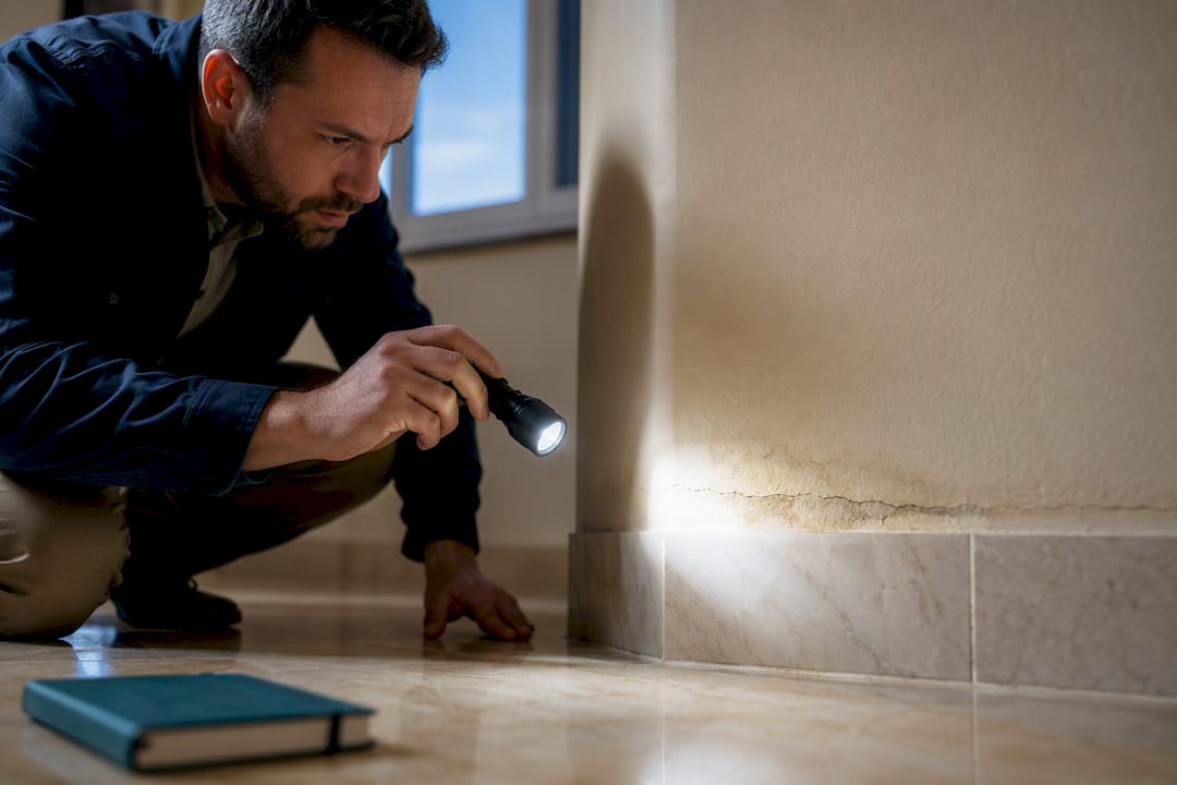 Surveyor revealing hidden apartment wall defect