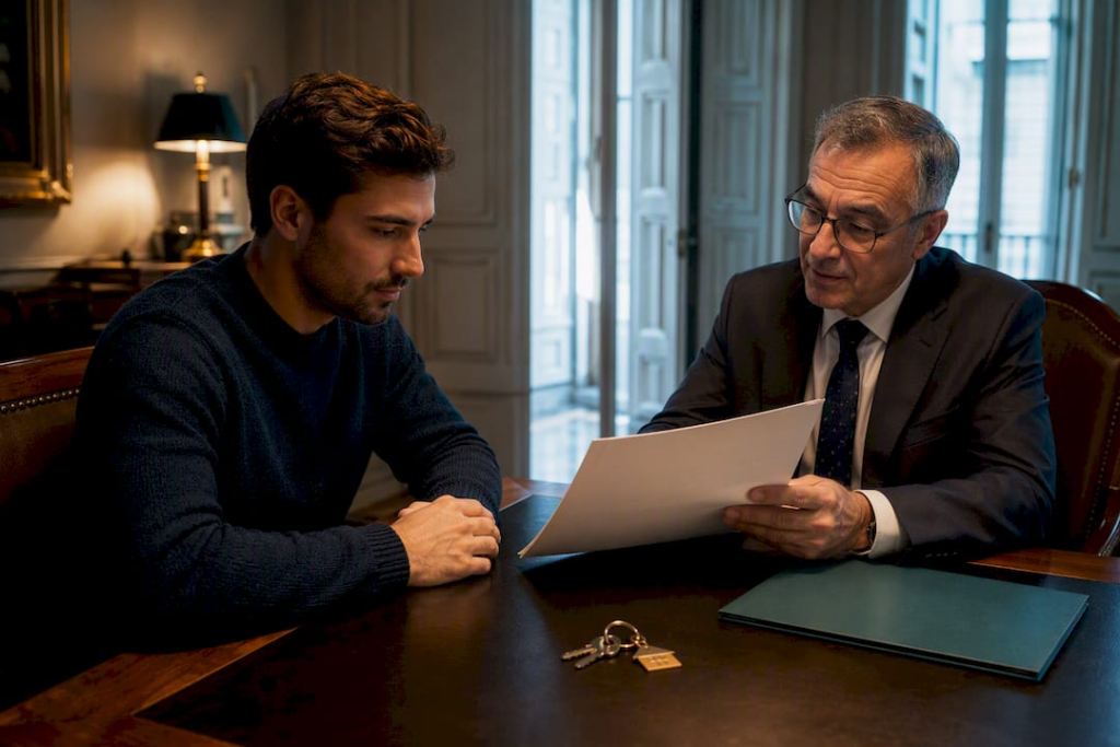 Buyer reviewing mortgage deed with notary