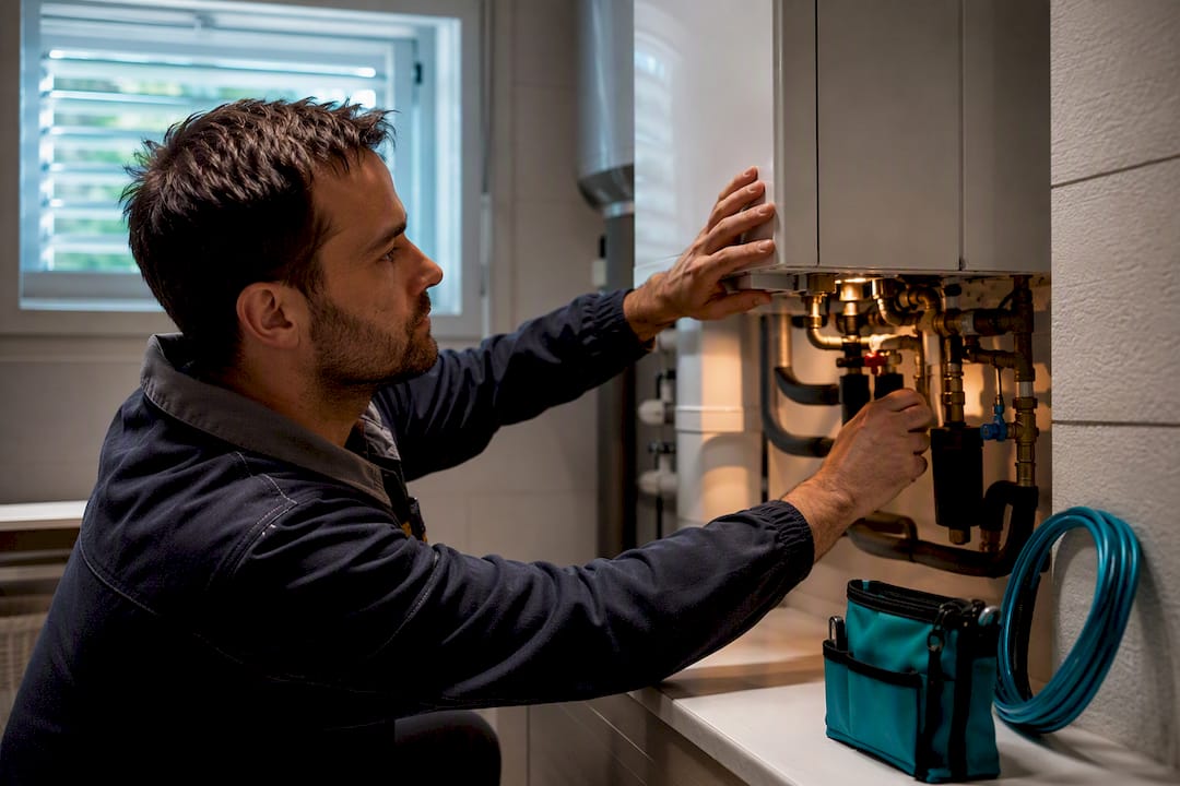 Assessor inspecting home heating equipment