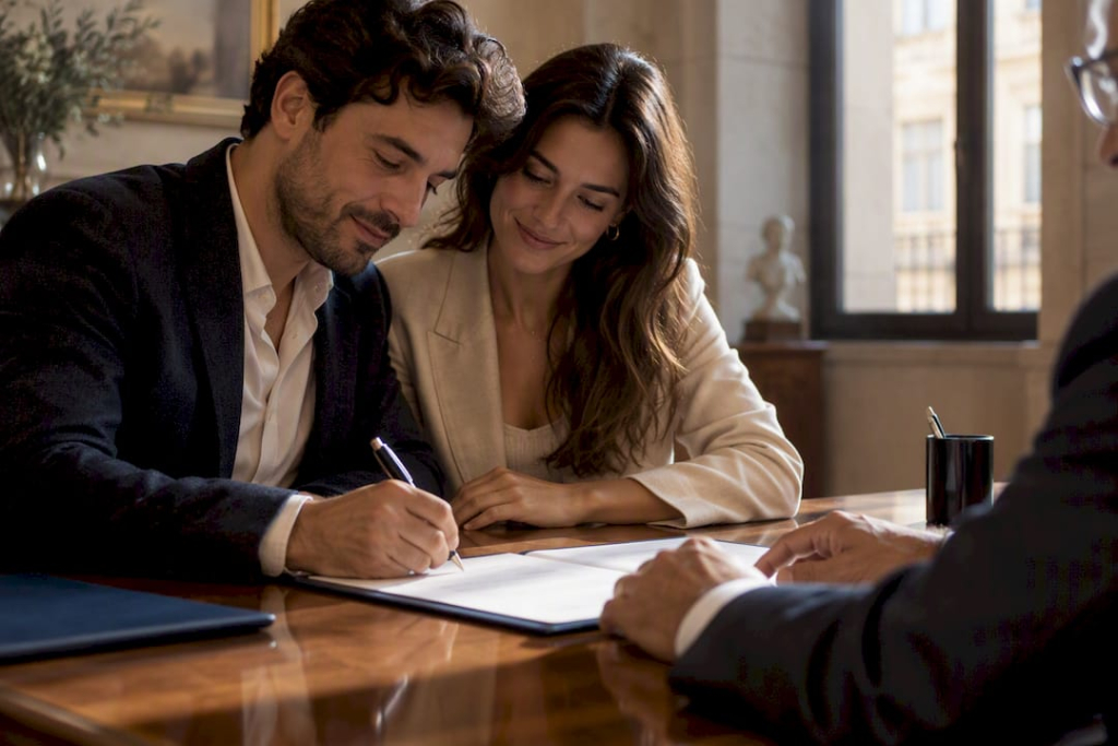 Partners signing Spanish property deed