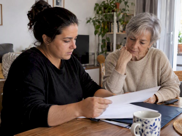 Buyer and aunt reviewing a mortgage guarantee