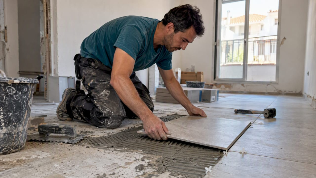Worker laying tile in rental renovation
