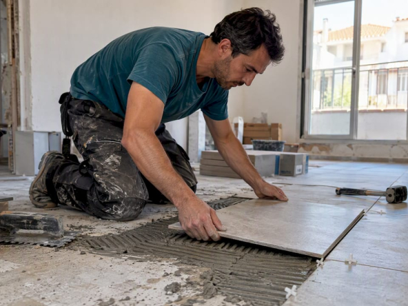 Worker laying tile in rental renovation