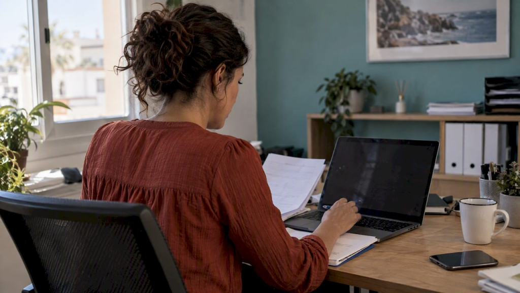Property manager checking rental booking records