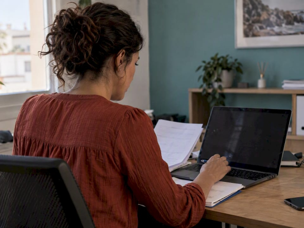 Property manager checking rental booking records